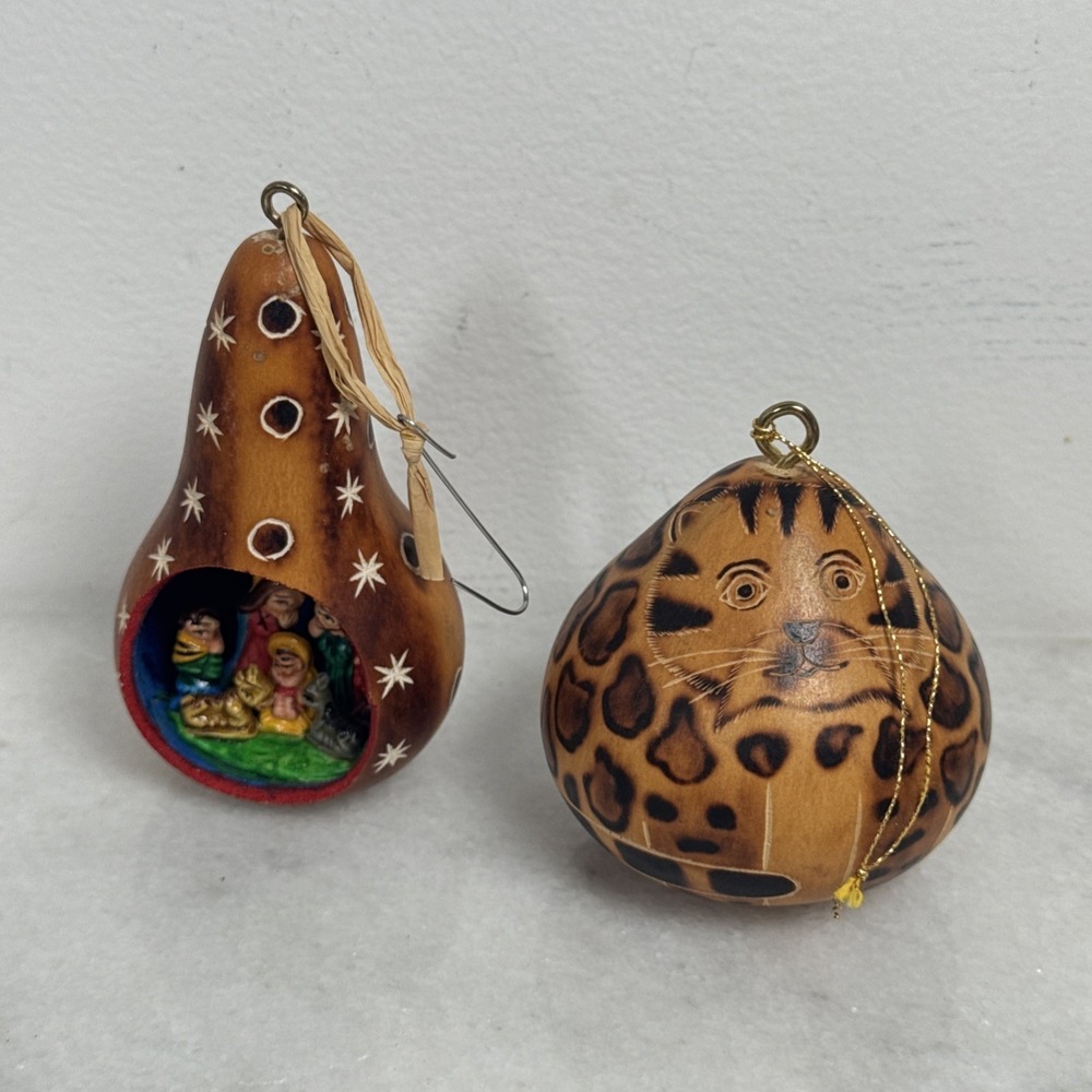 2 Lucuma Cat Leppard and Nativity Ornament Hand Carved In Peru Christmas